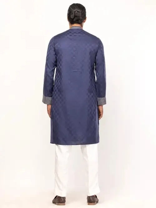 Navy Blue Textured and Erri Embroidered Viscose Panjabi Pajama Set